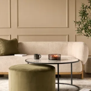 Thea natural ceramic coffee table and olive green velvet pouffe set
