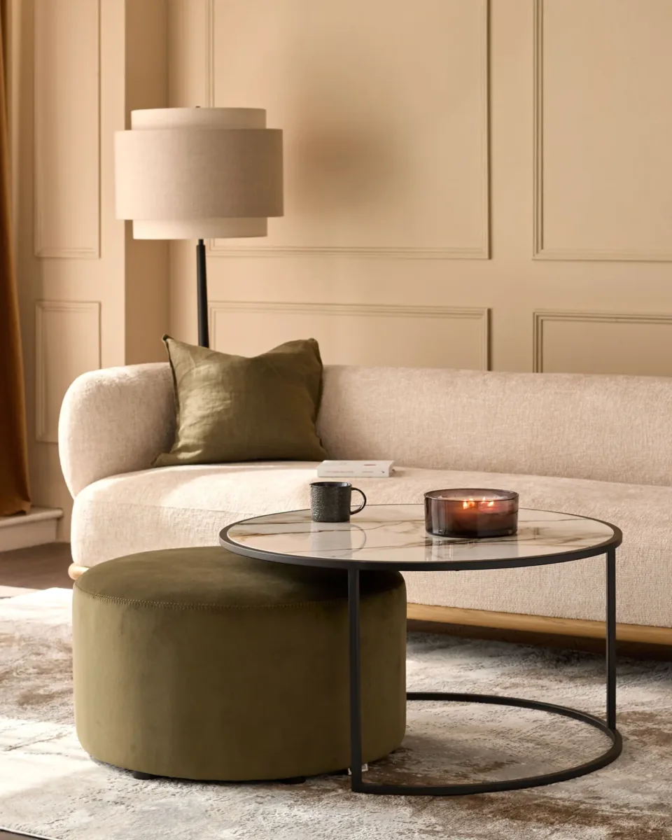 Thea natural ceramic coffee table and olive green velvet pouffe set - Image 3