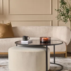 Thea smoked mirror coffee table and cream plush fabric pouffe set