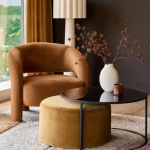 Thea smoked mirror coffee table and ochre fabric pouffe set