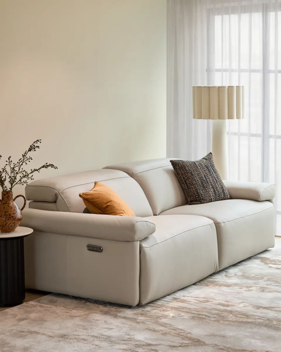 Triana natural grey leather 3 seater sofa
