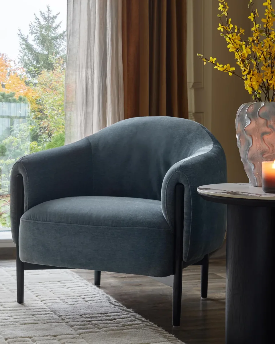 Tristan blue grey fabric accent chair with black wood - Image 4