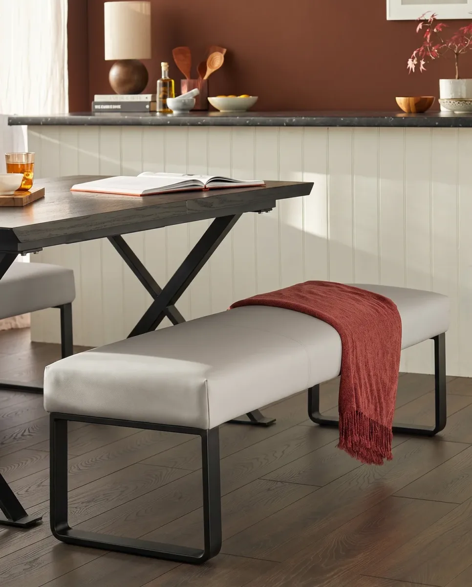 Loop 3 Seater Bench Light Grey Faux Leather & Black Leg Bench Without Backrest - Image 2