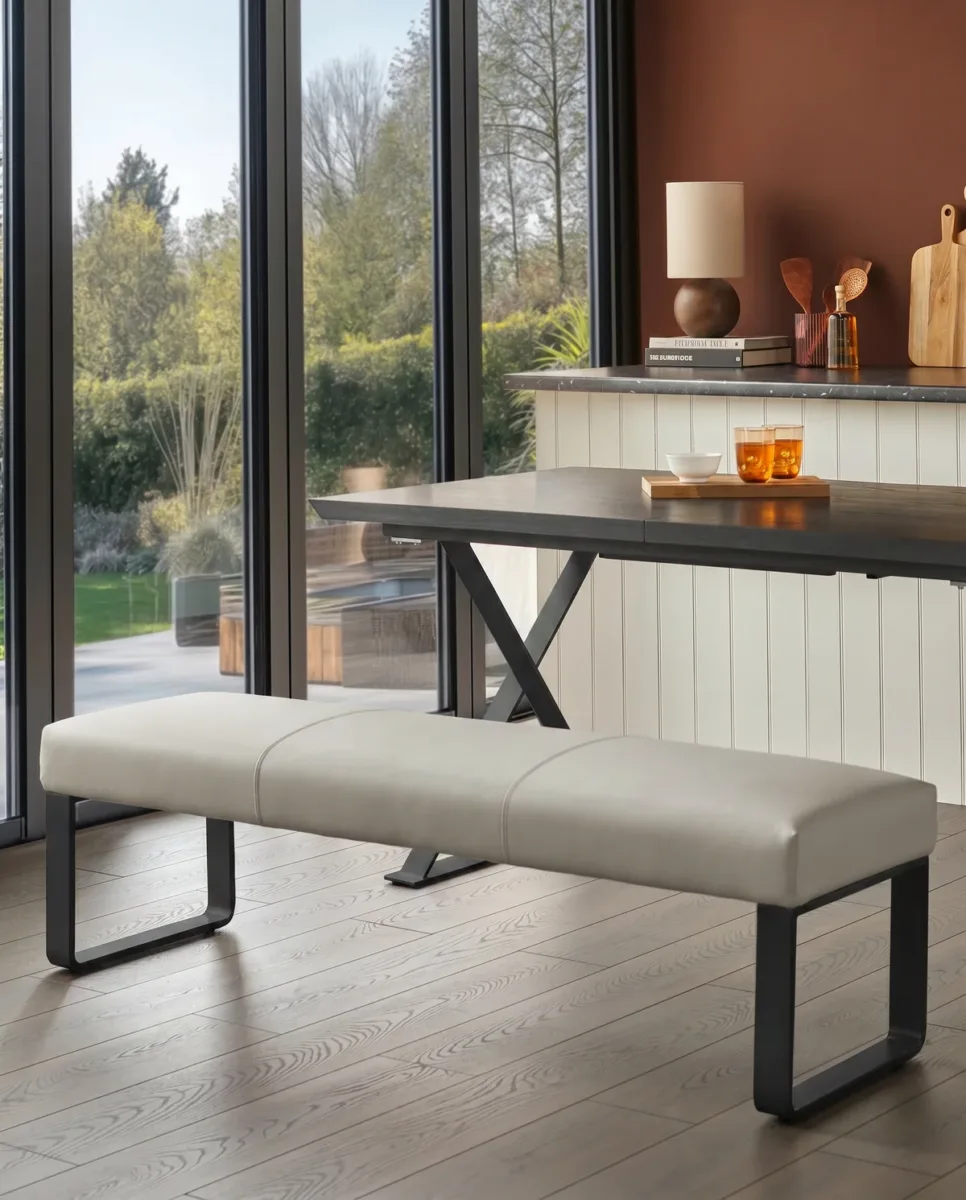 Loop 3 Seater Bench Light Grey Faux Leather & Black Leg Bench Without Backrest