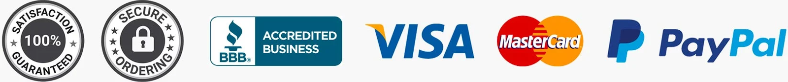 Satisfaction guaranteed, secure ordering, BBB accredited business, Visa, Mastercard and PayPal